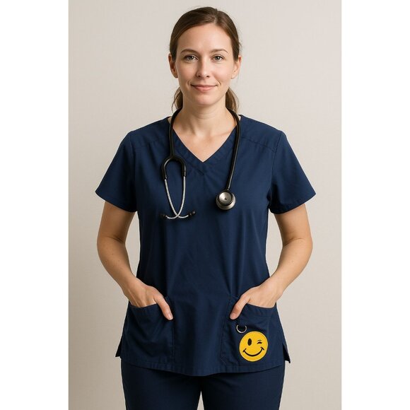 Joe Boxer Women’s L Navy Blue Scrub Top with Smiley Face Patch - Picture 4 of 4
